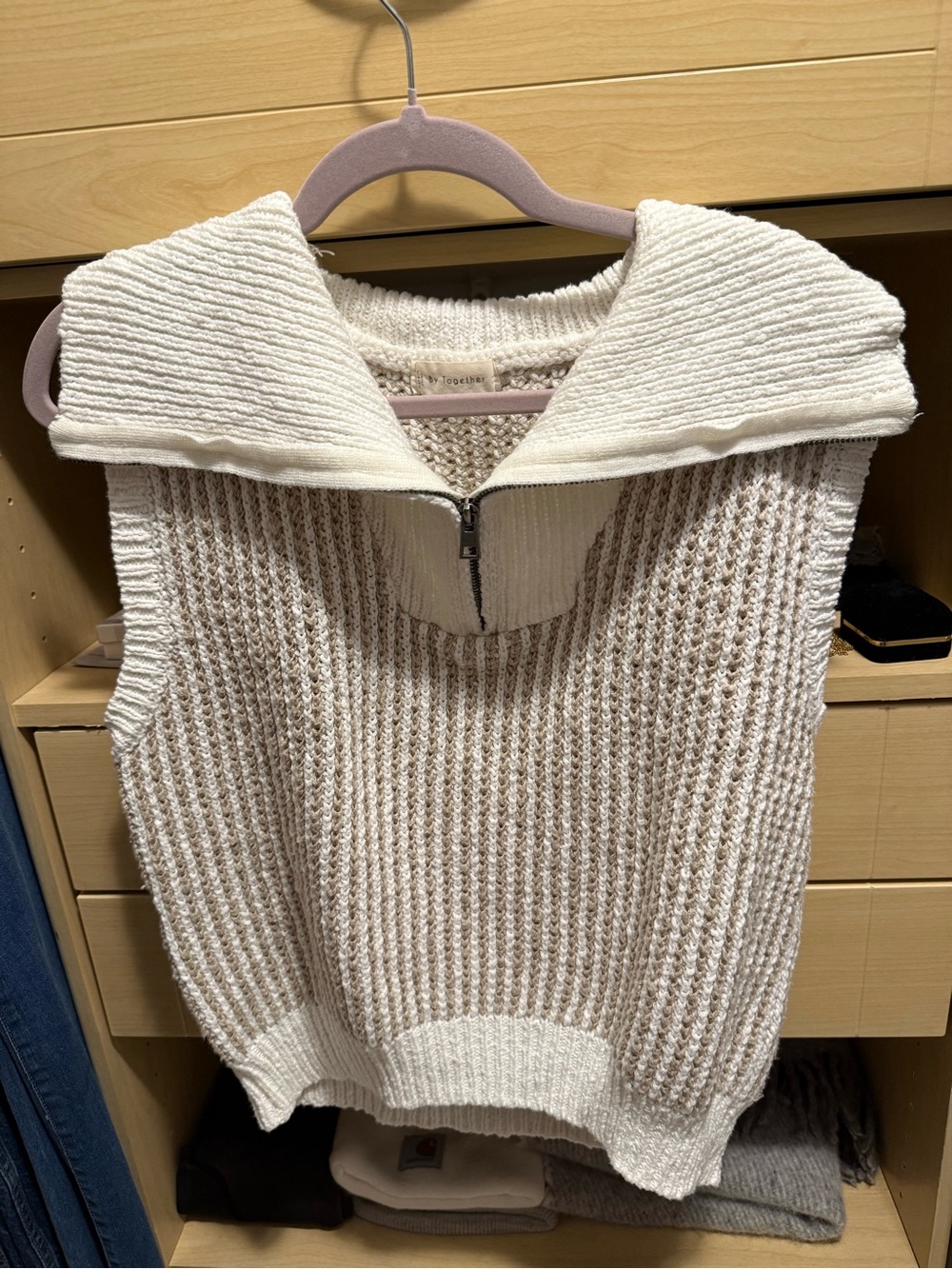 By Together Cream Knit Sleeveless V-Neck Sweater with Zip Collar
